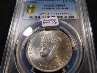 Q177 British Africa Southern Rhodesia 1946 1/2 Crown Pcgs Ms - 65 Pop:1/0 Finest