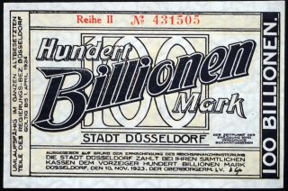 DÜsseldorf Highest Denom Ever Issued 100 Trillion Mark 1923 Notgeld Germany