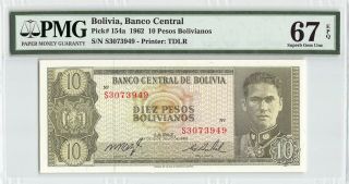 Bolivia 1962 P - 154a Pmg Gem Unc 67 Epq 10 Pesos Bolivianos