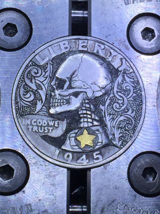 Hobo Nickel Skull Hand Engraved Quarter Silver Coin Ohns Love Token Gold Inlay