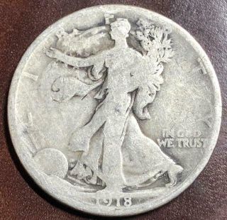 1918 - S Silver Walking Liberty Half Dollar 50c Better Date Rare