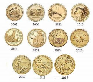 2009 - 2019 Sacagawea Native American 11 Coin Bu Uncirculated Dollar Set