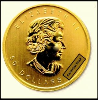 Canadian Gold Maple Leaf.  9999 Fine 1 Oz.  Random Year $50 Coin One Ounce Bu