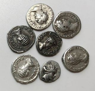 7 Silver Ancient Coins - Roman,  1 Greek: M.  Aurelius,  Julia Domna,  Faustina, .