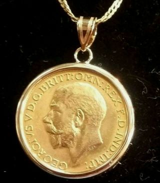 King George V 1918 22 K One Sovereign Gold Coin Set Within 14k Bezel Pendant