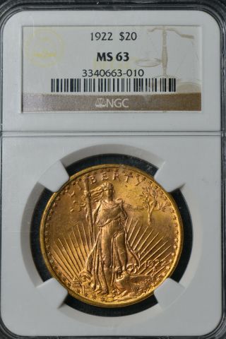 1922 Us Gold $20 Saint - Gaudens Double Eagle - Ngc Ms63