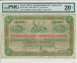 Standard Bank Of S.  Africa Ltd.  South Africa 5 Pounds 1913 Cape Town Pmg 20net