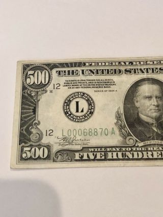 1934 Federal Reserve Note $500 Dollar Bill San Francisco L00068870A - Rare 3