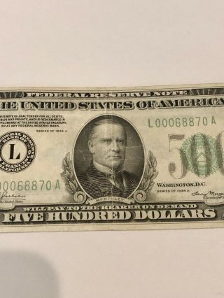 1934 Federal Reserve Note $500 Dollar Bill San Francisco L00068870A - Rare 4