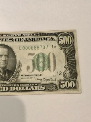1934 Federal Reserve Note $500 Dollar Bill San Francisco L00068870A - Rare 5