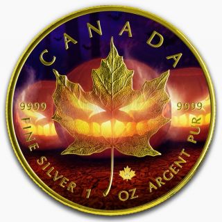 2019 Canada Maple Halloween Colorized Gold Gilded 1oz.  9999 Silver - Box &