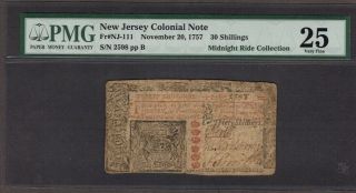 Jersey Colonial Note,  Nj - 111,  30 Shillings,  Pmg Vf25,