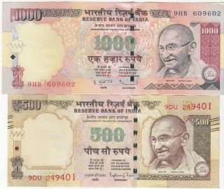India Set Of 2 Gandhi Issue Old Series 1000 & 500 Rupees R.  B.  I.  Bank Note In Unc