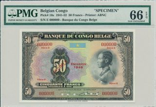 Banque Du Congo Belge Belgian Congo 50 Francs 1946 Specimen Pmg 66epq
