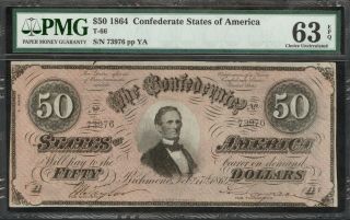 1864 $50.  00 Confederate States Note – Pmg Choice Uncirculated 63 Epq