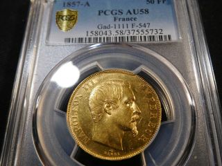 P4 France 1857 - A GOLD 50 Francs Gad - 1111 PCGS AU - 58 2