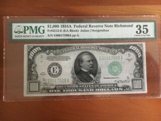 Ac 1934a Richmond One Thousand Dollar Bill Pmg 35