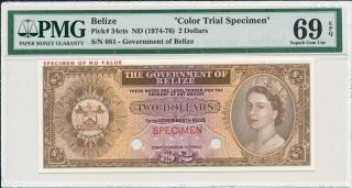 Government Of Belize Belize $2 Nd (1974 - 76) Color Trial Specimen Pmg 69epq