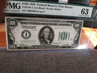 Mega Scarce - Fr - 2150a 1928 Series $100 Boston Federal Reserve Note Pmg 63