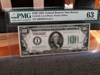 MEGA SCARCE - FR - 2150A 1928 Series $100 Boston Federal Reserve Note PMG 63 2