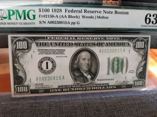MEGA SCARCE - FR - 2150A 1928 Series $100 Boston Federal Reserve Note PMG 63 3