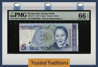 Tt Pk 13 1997 Kyrgyzstan Kyrgyz Bank 5 Som " Beishenaliyeva " Pmg 66 Epq Gem Unc