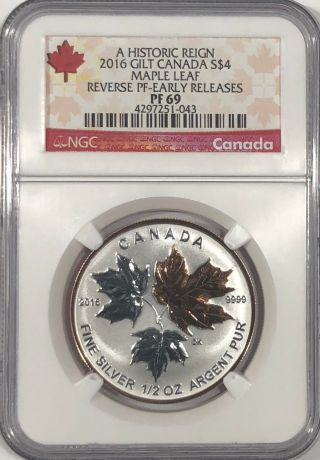 2016 $4 Canada Silver Maple Leaf Gilt Ngc Pf69 Ucam Reverse Proof 1/2 Oz Pr69