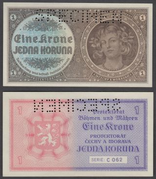 Bohemia & Moravia 1 Koruna 1940 Unc Specimen Banknote German Occ.  Wwii P - 3s