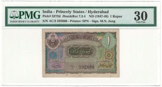 India Hyderabad 1 Rupee Nd (1947 - 48) P - S272d Jr 7.  3.  4 Moin Nawaz Jung Pmg Vf 30