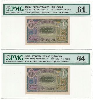 India Hyderabad Seq Pair 1 Rupee Nd (1950 - 53) P - S272g Jr 7.  3.  7 Melcote Pmg Unc 64