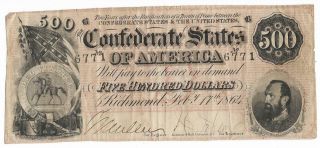 Confederate States Of America $500.  00 Bank Note,  T - 64,  2/17/64 Plt B Sn6771vgood