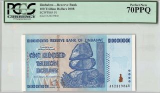 Zimbabwe 100 Trillion Dollar Banknote 2008 Aa P - 91 Pcgs 70 Ppq Perfect