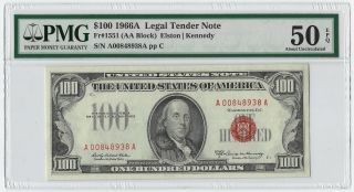 $100 1966a Legal Tender Note Pmg Au 50 Epq Fr 1551 (aa Block)