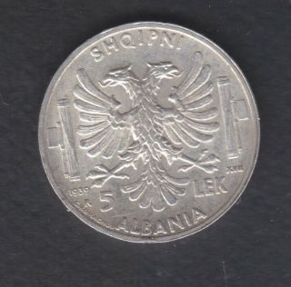 1939 Albania.  Italy 5 Leke Silver Coin 5 Gr Rare.  Italy.  Occupation.  115