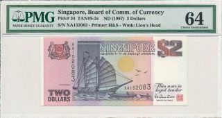 Board Of Comm.  Of Currency Singapore $2 Nd (1997) Pmg 64