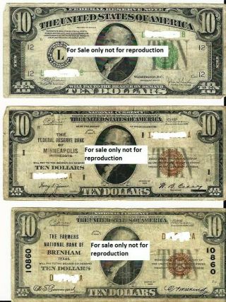 1929 Series $10 Ten Dollar Bill The Farmers National Bank Of Brenhan Texas.