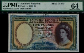 Southern Rhodesia Qe Ii,  £5 Pounds 1953.  Specimen Pmg 64 P 14s.  Choice Unc