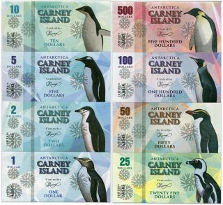 Carney Island Antarctica Set 8 Unc 1 2 5 10 25 50 100 500 Dollars Penguin Nr