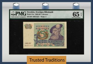 Tt Pk 51a 1965 - 69 Sweden Sveriges Riksbank 5 Kronor Pmg 65 Epq Gem Uncirculated