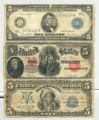 3 Fins: $5 Series 1899 Chief Silver Cert. ,  $5 1907 Woodchopper And $5 1914 Frn