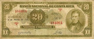 Costa Rica: 20 Colones 1948 Bncr,  P - 206c,  03/03/1948 Series F Banco Nacional