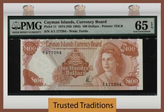 Tt Pk 11 1974 Cayman Islands $100 " Queen Elizabeth Ii " Pmg 65 Epq Gem 7 Of 7