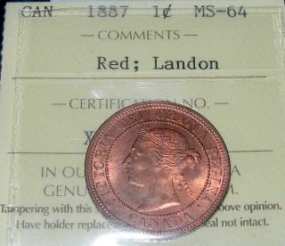 1887 Large Cent Landon Pedigree Iccs Graded Ms - 64 Red Stunning Victoria Penny