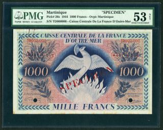 Martinique 1000 Francs 1944 Phoenix Rising - P26s Specimen Pmg 53 Au Net