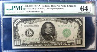 1934 $1000 Federal Reserve Note Chicago Pmg 64 Epq Exceptional Paper Quality