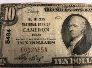 Rare 1929 $10 Cameron Texas Tx Citizens National Bank Note Charter 5484