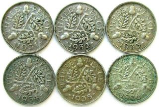 Gb Coins,  3pence 1931 & 1932 & 1933 & 1934 & 1935 & 1936,  George V,  Silver 0.  500