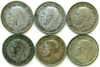 GB COINS,  3PENCE 1931 & 1932 & 1933 & 1934 & 1935 & 1936,  GEORGE V,  SILVER 0.  500 2