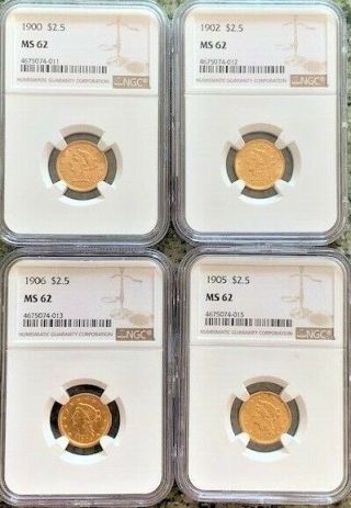 1900/1902/1905/1906 $2.  5 Gold Liberty Head Ngc Ms62 4 Coins