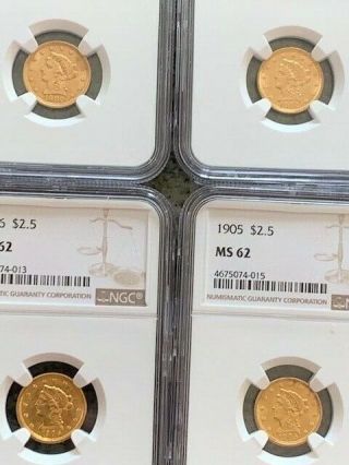 1900/1902/1905/1906 $2.  5 GOLD LIBERTY HEAD NGC MS62 4 COINS 2
